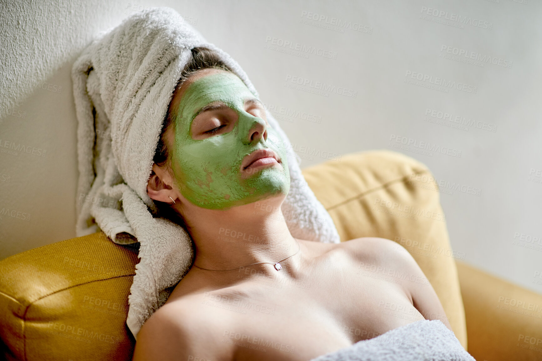 Buy stock photo Beauty, skincare and woman with face mask, rest and relax with treatment, dermatology and care. Female, cosmetics and lady with salon grooming, luxury and organic facial for wellness and clear skin