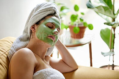Buy stock photo Face mask, relax or woman with skincare facial for skin detox, cosmetics hydration or beauty routine. Dermatology product, spa salon or female person with luxury treatment, self care or home wellness