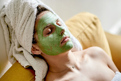 Buy stock photo Cosmetics, woman and face mask for skincare, rest and calm with salon treatment, wellness and grooming. Beauty, female and lady with peace, healthy and luxury fo, organic facial dermatology and relax