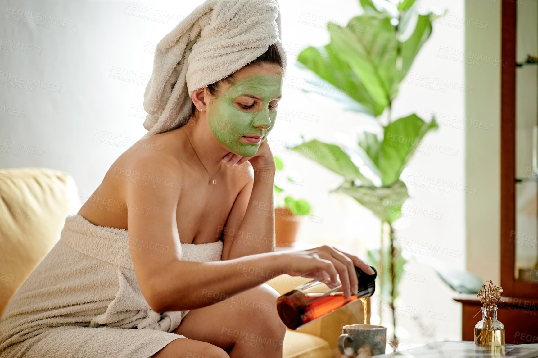 Buy stock photo Face mask, tea and relax woman with skincare facial for skin detox, cosmetics hydration or beauty routine. Dermatology product, spa salon and person with luxury treatment, self care or home wellness