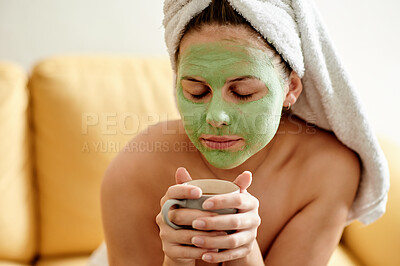 Buy stock photo Face mask, coffee cup and relax woman with skincare cream for skin detox, cosmetics hydration or beauty routine. Self care, spa salon and person with facial treatment, wellness or home tea smell