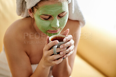 Buy stock photo Face mask, tea or relax woman with skincare cream for skin detox, cosmetics hydration or beauty routine. Self care, spa salon or person with facial treatment, healthcare wellness or home coffee smell