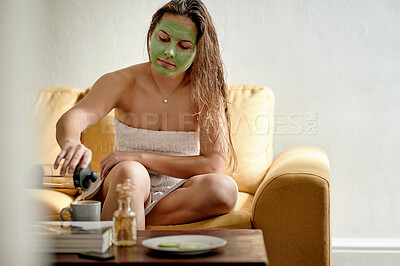 Buy stock photo Face mask, tea and woman with home skincare cream for skin detox, cosmetics hydration or beauty routine. Cosmetology, spa salon and relax person with luxury facial treatment, self care or wellness