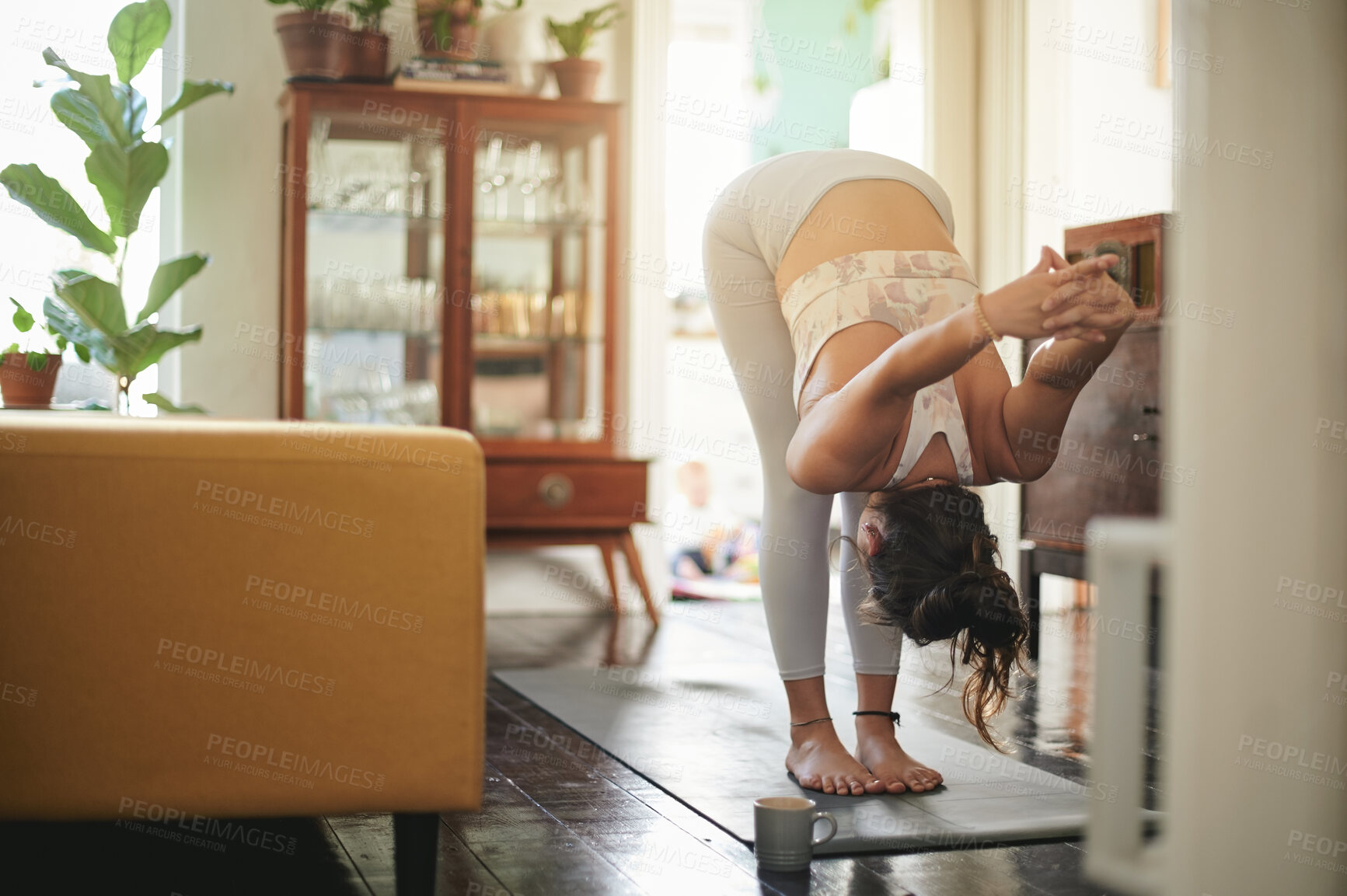 Buy stock photo Yoga stretching, woman and home exercise for body warm up, pilates pose and relax workout, wellness or self care. Fitness yogi, health lifestyle girl and female person training in house living room