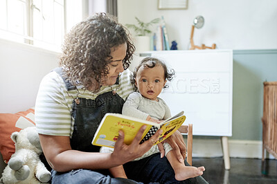 Buy stock photo Family, child development and a mother reading to her baby in the bedroom of their home together. Children, babies and a woman storytelling to her adorable toddler while bonding in their house