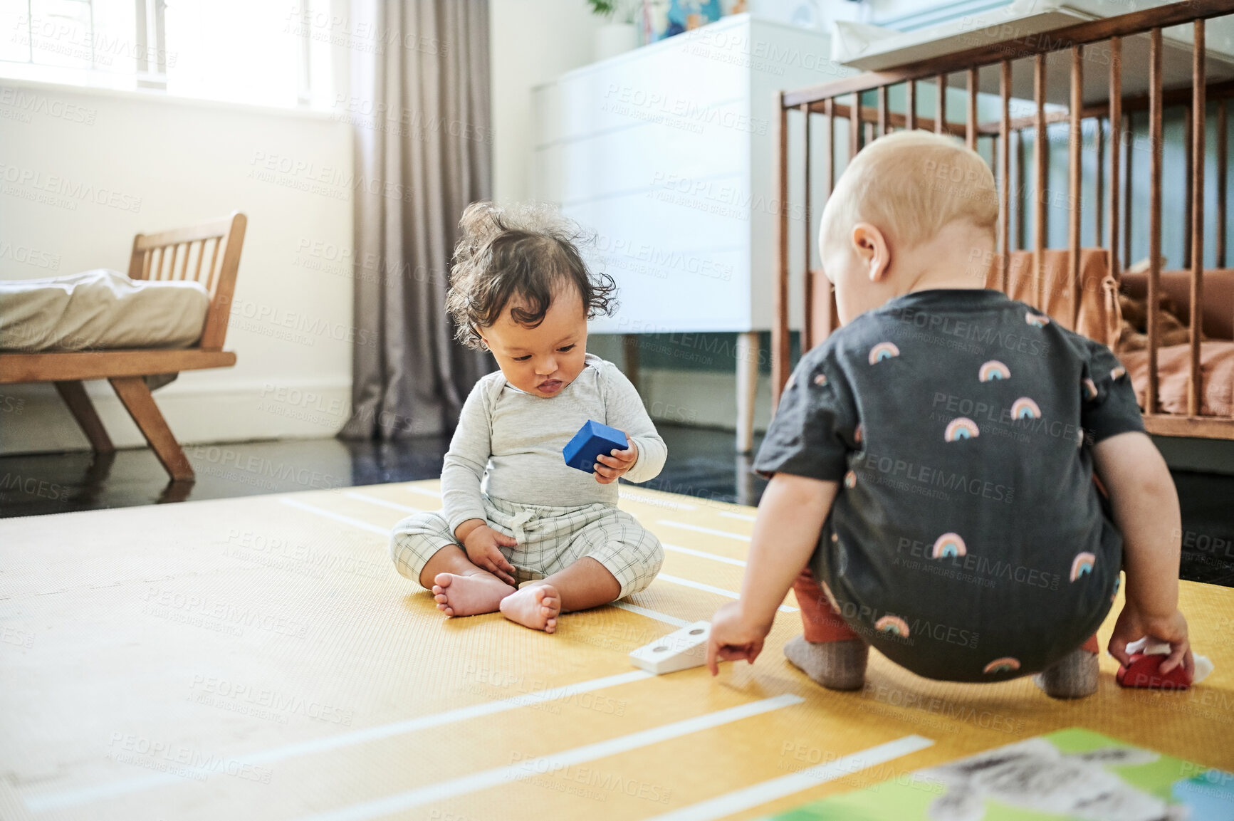 Buy stock photo Babies playing, game and kid toys for mobility development and learning together in a home bedroom. Nursery, toy brick and cute children with block play thing and activity in a house on the floor