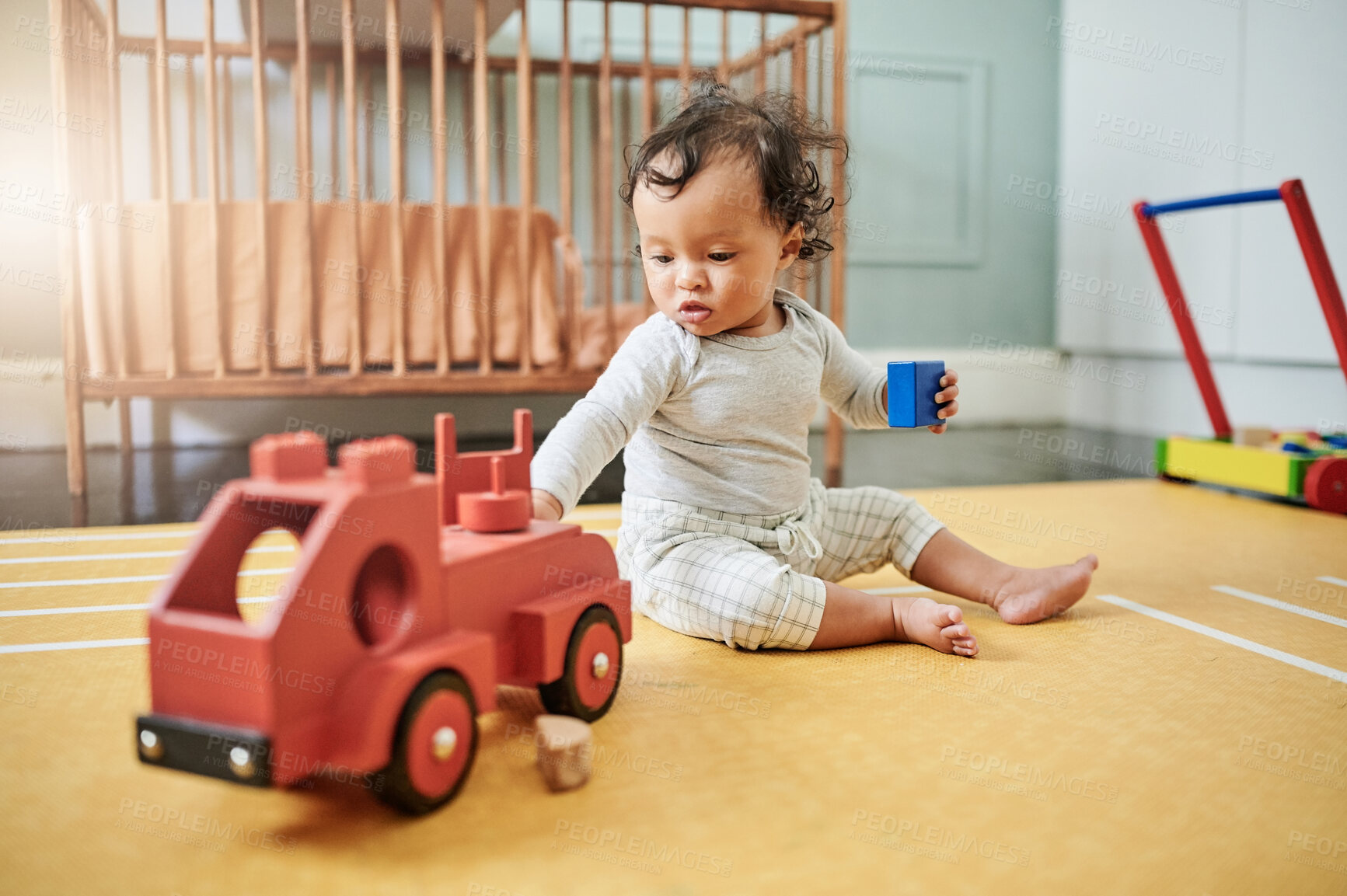 Buy stock photo Toy truck, baby and play in home, having fun and relaxing in house nursery. Development, childhood and playful, carefree and cute kid, infant and newborn playing with block, red car and learning.