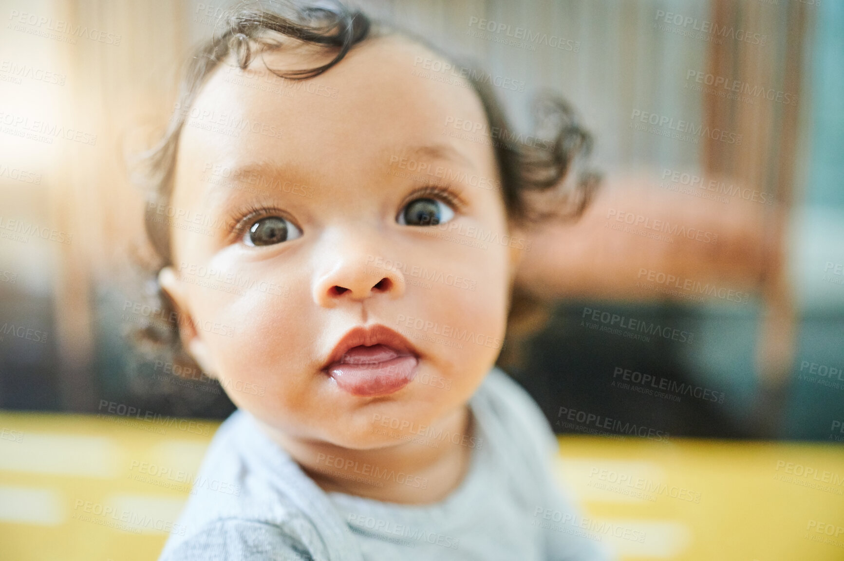 Buy stock photo Newborn, nursery and face of baby with cute, adorable and curious expression in childhood bedroom. Toddler, children and young boy relaxing on floor for child development, growth and calm at home