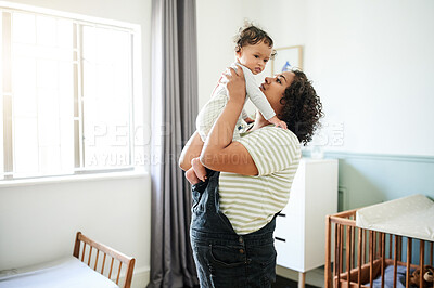 Buy stock photo Family, nursery and mother play with baby for bonding, quality time and child development at home. Love, motherhood and mom holding kid for loving relationship, support and care in bedroom in morning