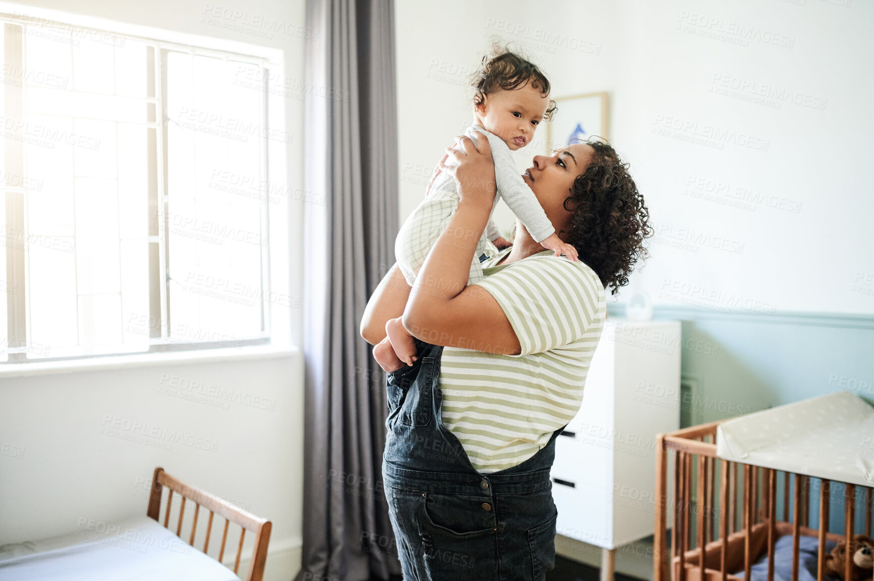 Buy stock photo Family, nursery and mother play with baby for bonding, quality time and child development at home. Love, motherhood and mom holding kid for loving relationship, support and care in bedroom in morning