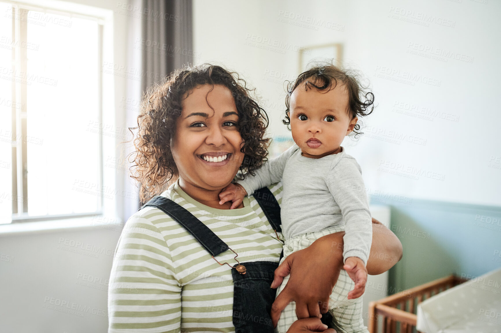 Buy stock photo Happy mother, baby and portrait in a home nursery with happiness and parent love. Smile, house and bedroom with a young child and mom together with mama care and support while bonding as a family