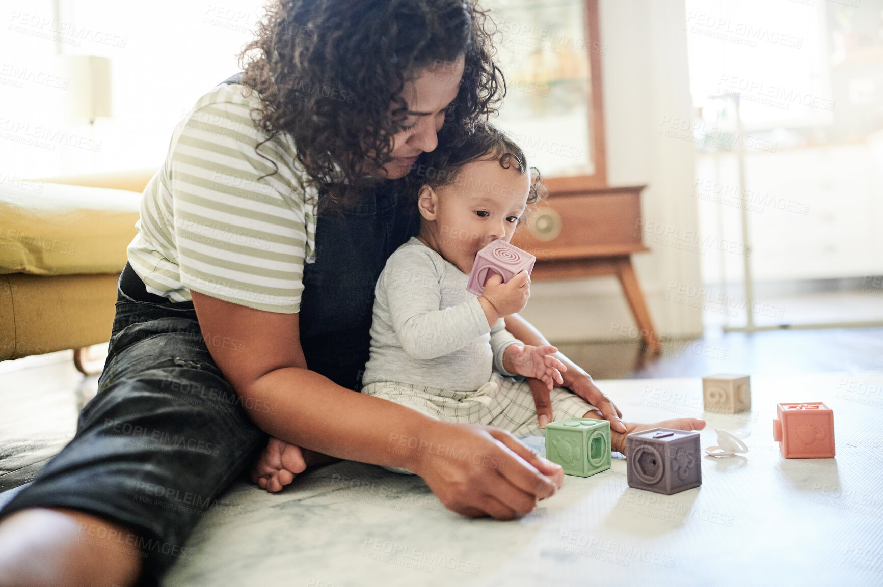 Buy stock photo Mother, baby and play with building blocks in home, learning and education in house. Development, care and mama playing game with child toys, toddler and newborn while bonding and having fun together