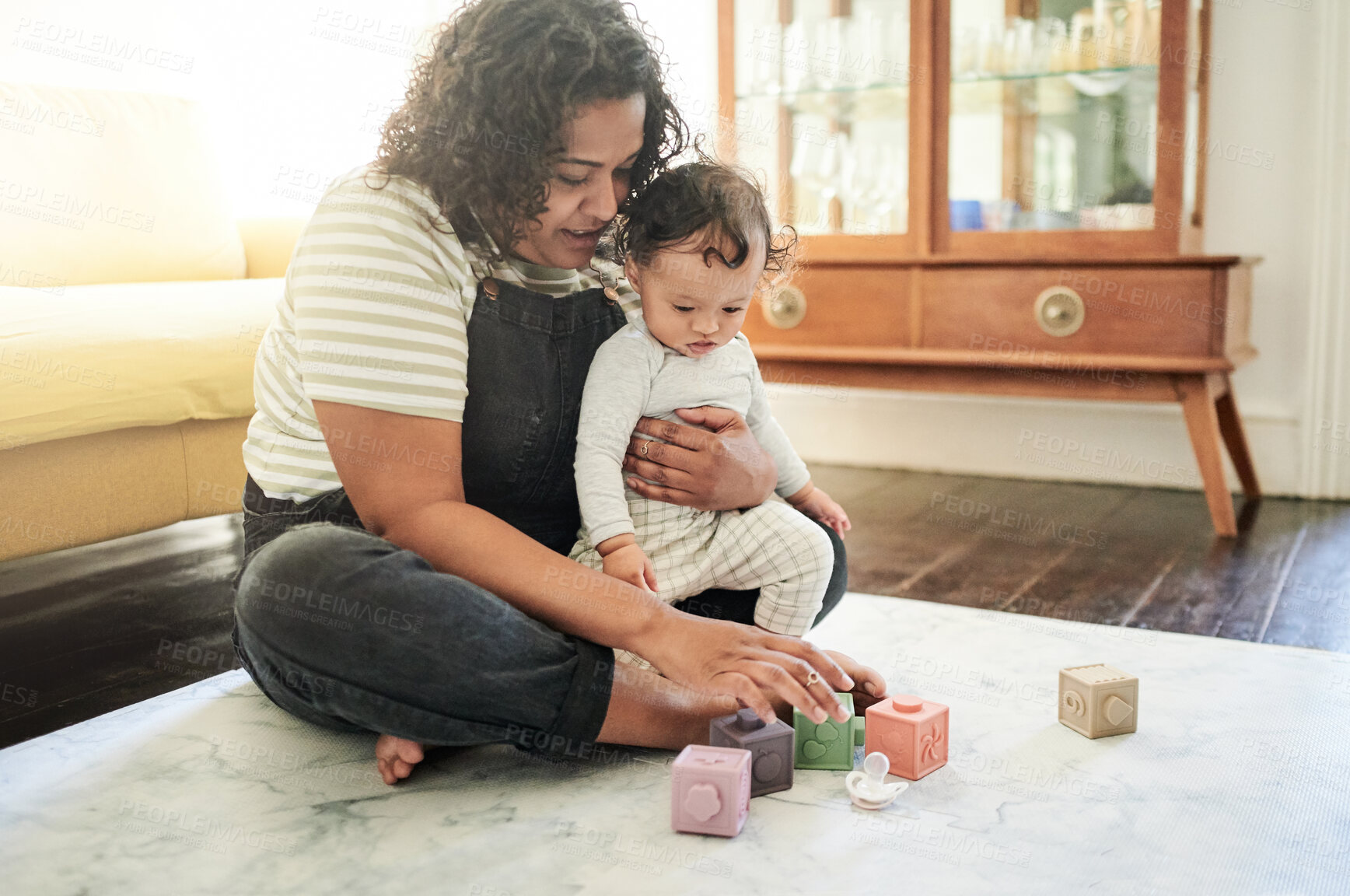 Buy stock photo Home, building blocks and mother play with baby in living room for children development, toys and playing games. Love, family and mom and kid for bonding, quality time and relaxing together on floor