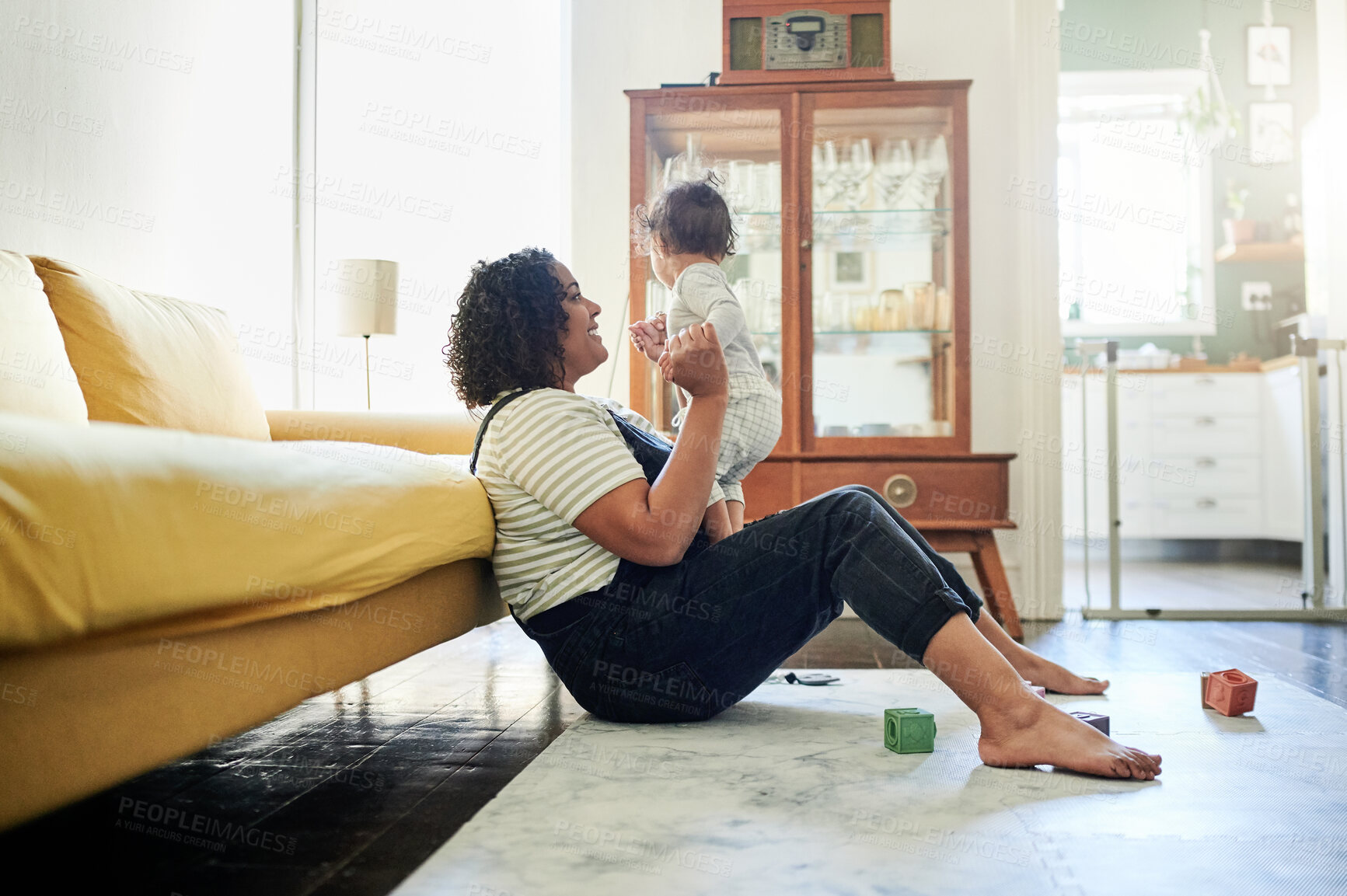 Buy stock photo Family, happy and mother play with baby in living room with building blocks, toys and relax together on floor. Love, child development and mom and kid for bonding, quality time and playing games