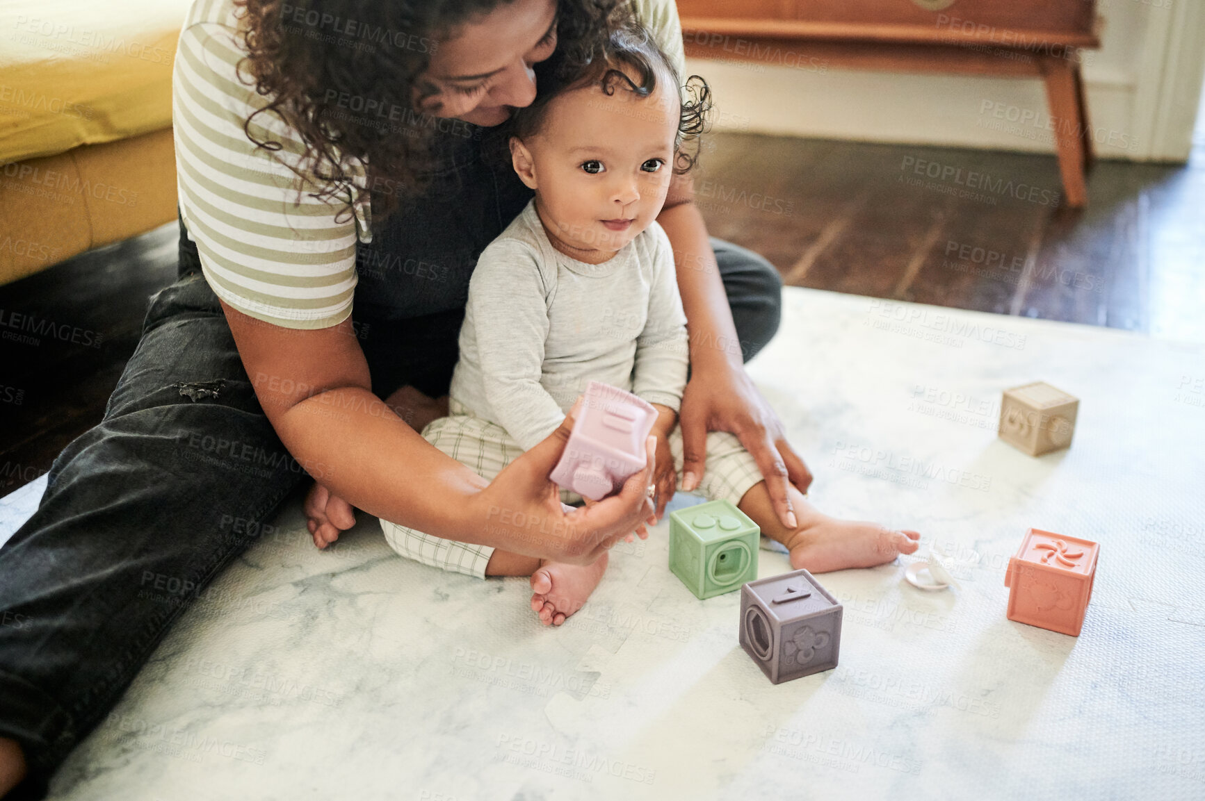 Buy stock photo Mother, baby and play with building blocks in home, learning and education in house. Development, care and portrait of mama playing with child toys and newborn while bonding and having fun together.