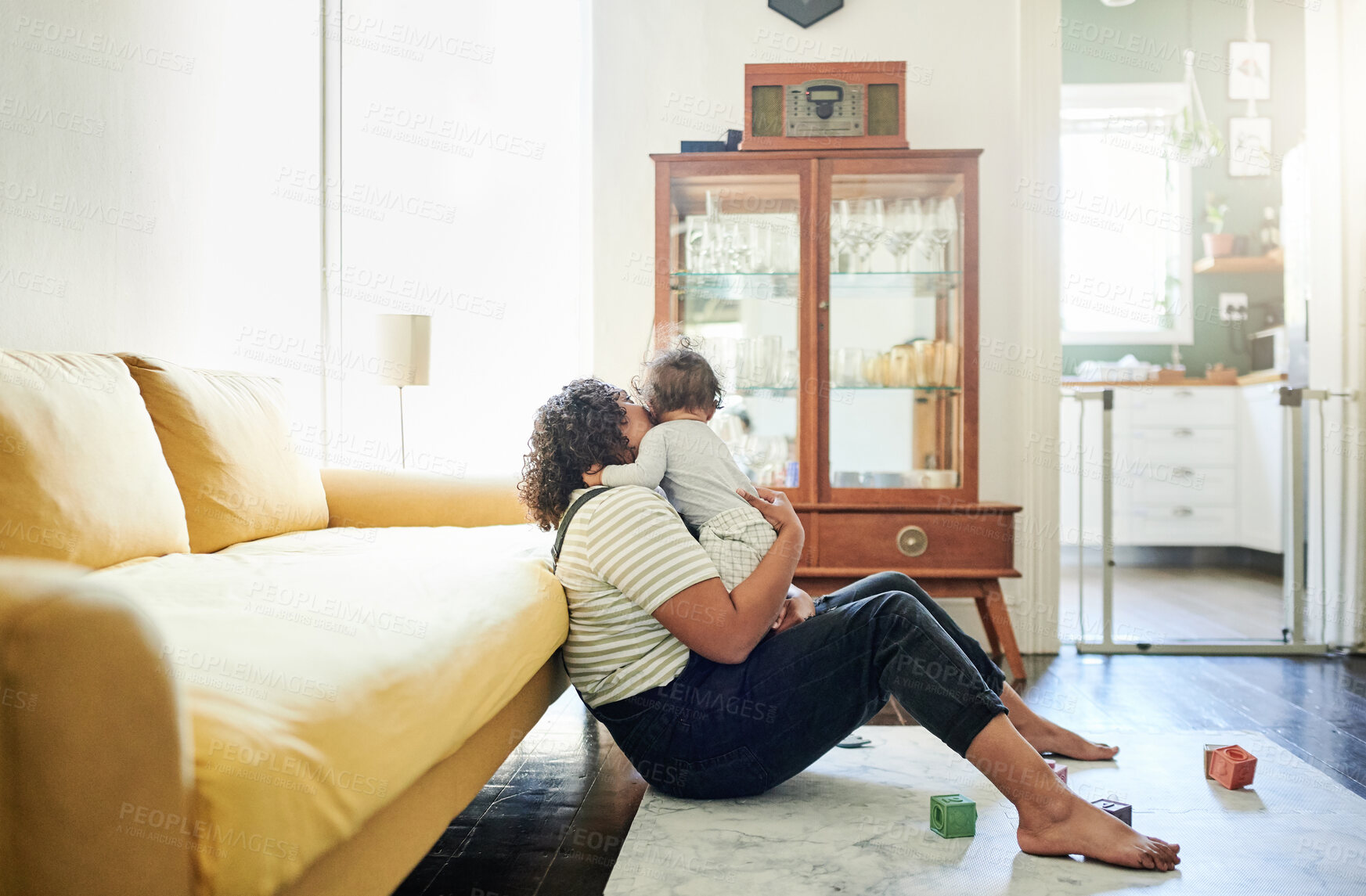 Buy stock photo Family, home and mother play with baby in living room with building blocks, toys and playing games. Love, child development and happy mom and kid for bonding, quality time and relax together on floor