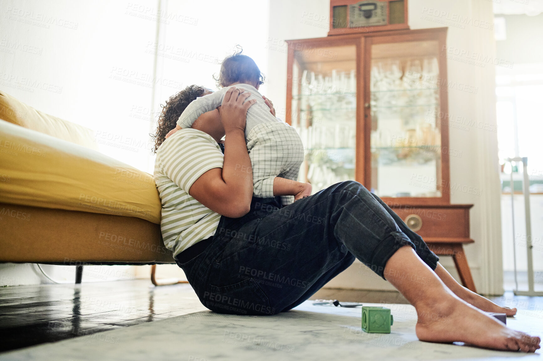 Buy stock photo Love, family and mother play with baby in living room with building blocks, toys and playing games. Home, child development and happy mom and kid for bonding, quality time and relax together on floor