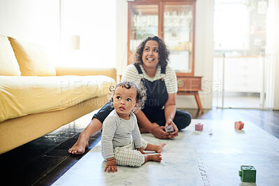 Buy stock photo Home, family and mother play with baby in living room with building blocks, toys and playing games. Love, child development and happy mom and curious kid for bonding, quality time and relax together