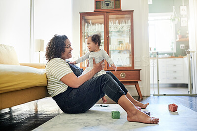 Buy stock photo Relax, family and mother play with baby in living room with building blocks, toys and smile together. Love, motherhood and happy mom and child for bonding, quality time and playing games on floor