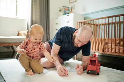 Buy stock photo Father, child and drawing in family home with toys on bedroom carpet or floor. Man and happy boy, toddler or kid together for creative play to draw with color for growth development, learning and art