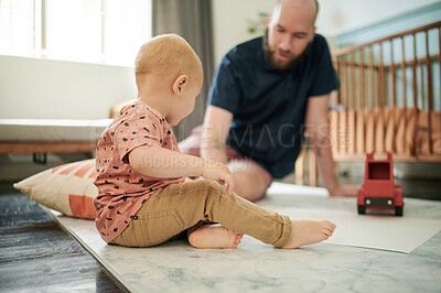 Buy stock photo Child, father and playing with toys in family home or bedroom carpet on floor. Man and curious boy, toddler or kid together to relax and play for growth development, learning and quality time