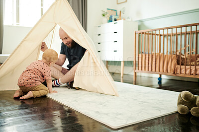 Buy stock photo Father, baby and play in tent in home, having fun and bonding together. Child, care and happiness of dad playing with infant, toddler or kid, relax and enjoying quality time in house with parent.