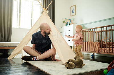 Buy stock photo Baby, father and playing in tent in home, having fun and bonding together. Child, care and happiness of dad play with infant, toddler or kid, relax and enjoying quality time in house with parent.