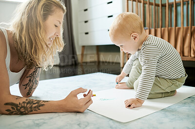 Buy stock photo Mother, baby and learning drawing on paper in home, bonding and coloring. Education, art and mama teaching child for creative development, growth and homeschool, homework and knowledge in house.