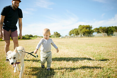 Buy stock photo Happy, running and dog with baby and father in nature for freedom, playful and bonding. Happiness, animal care and growth with pet puppy and family in park for summer, youth and weekend break