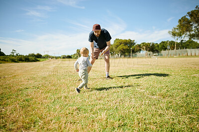 Buy stock photo Running, family and baby play with father in park for bonding, quality time and adventure in countryside. Relax, love and happy boy with dad outdoors on holiday, summer vacation and weekend in nature
