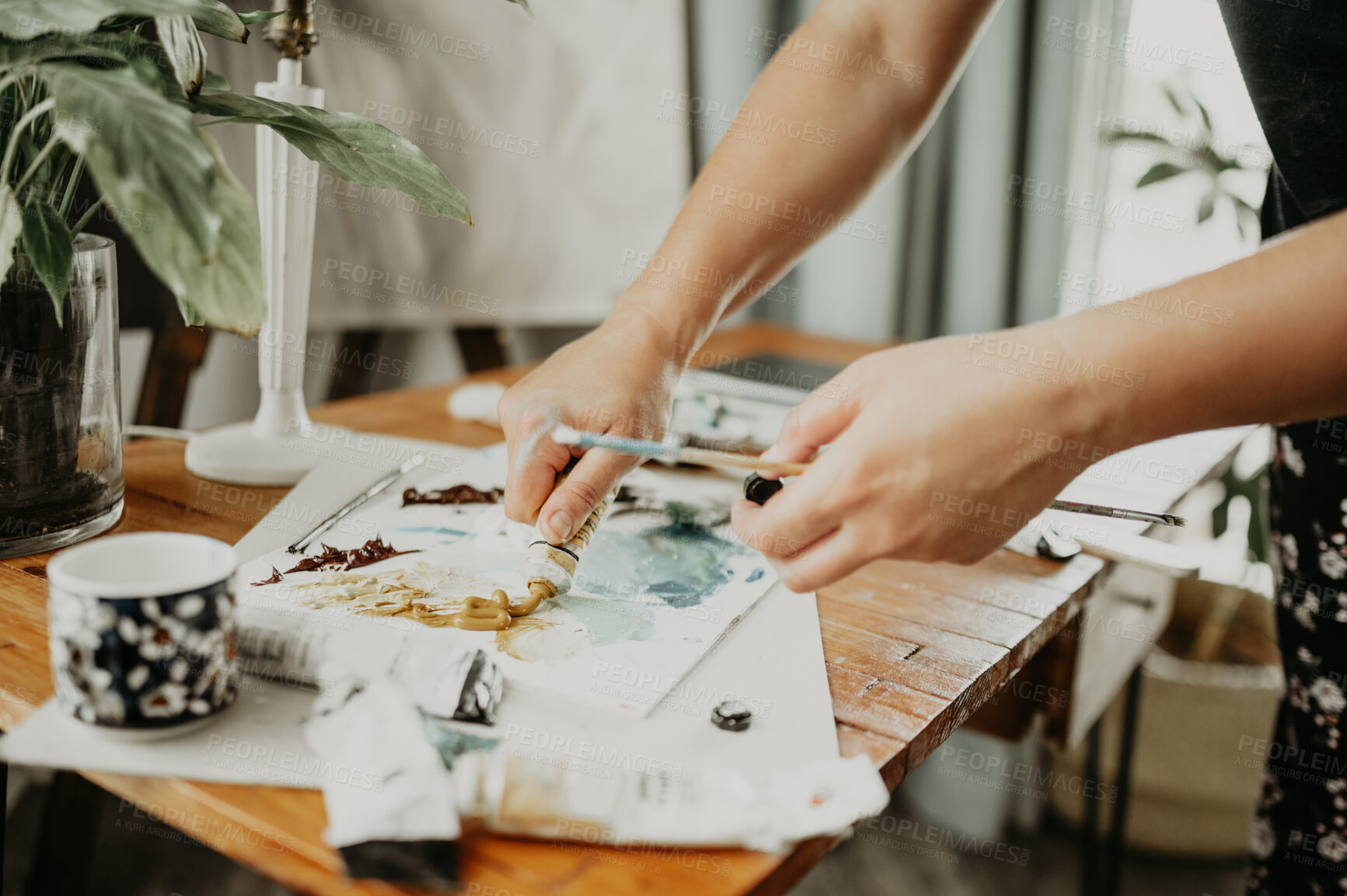 Buy stock photo Art, palette and painting, hands of woman in studio at home with brush, canvas and inspiration with color. Oil paint, tools and talent, professional artist with vision and freedom for creative work.