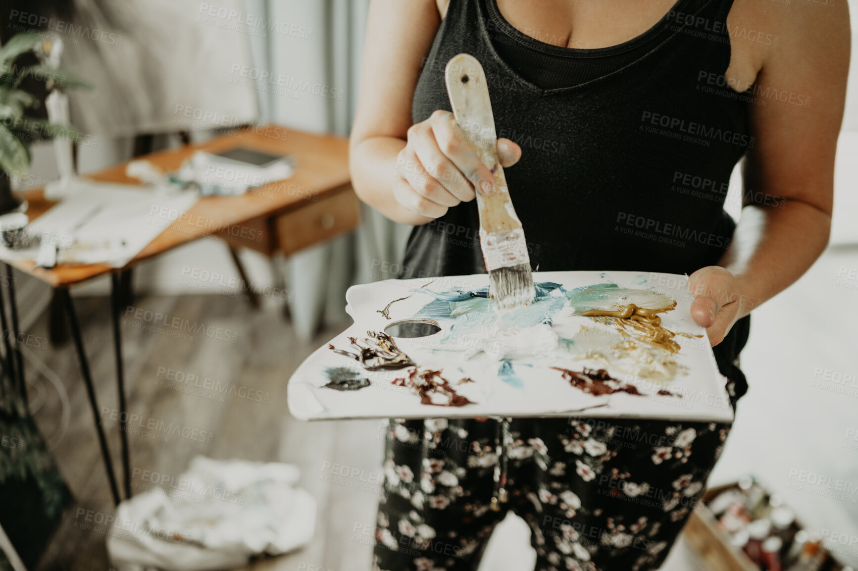 Buy stock photo Paint, palette and hands of woman in art studio at home with brush, canvas and inspiration with color mix. Painting, tools and talent, professional artist with ideas and freedom for creative work.