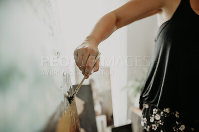 Buy stock photo Art, paint brush and canvas, hand of woman in studio at home with painting, drawing and inspiration with color. Creativity, tools and talent, professional artist with skill, freedom and creative work