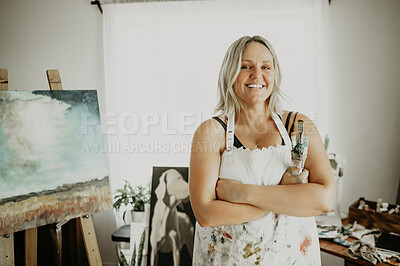 Buy stock photo Canvas, painting and portrait of woman in creative studio for hobby, artistic creation and design. Art, painter and female person with paintbrush for watercolor drawing or illustration in workshop