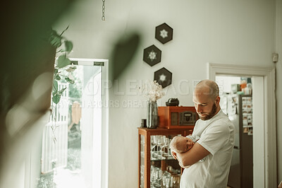 Buy stock photo Care, safety and father holding a child in a house for sleeping, bonding and love. Together, young and a dad with a newborn baby in a home for caring, nurturing and sleep in fatherhood in the morning