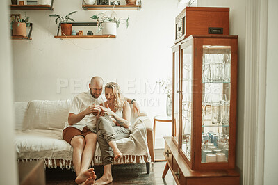 Buy stock photo Parents, baby and bonding in living room, relax on sofa and love with care for newborn, early childhood and relationship. Growth, happiness and calm, people at home with infant, together and family