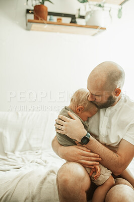 Buy stock photo Dad, sad child and kiss in home for love, care or bonding together on sofa. Father, boy and hug sick kid to comfort, crying and sleeping in house living room on lap of tired parent on couch in lounge