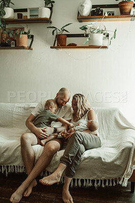 Buy stock photo Parents, baby children and sofa in home living room with care, love and bonding together to relax. Man, woman and kids with infant, brothers and family house on lounge couch for childhood development