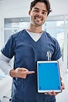 Tablet screen, portrait and happy man point at surgeon healthcare announcement, clinic notification or advertising service. UI mockup space, online tracking markers and male nurse with medical data