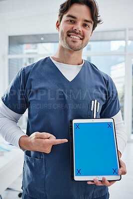 Buy stock photo Tablet screen, portrait and happy man point at surgeon healthcare announcement, clinic notification or advertising service. UI mockup space, online tracking markers and male nurse with medical data