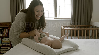 Buy stock photo Diaper, happy or mom with baby in home for care or bond together to nurture child development. Bed, infant or single parent mother playing with a newborn for support, trust or love in family house
