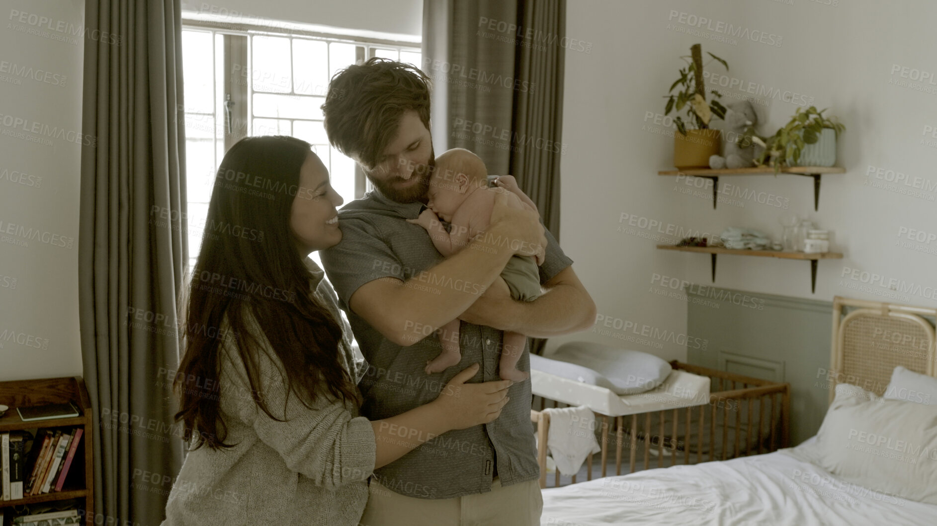 Buy stock photo Mother, hug or father with baby in home for care, love or bond together to nurture child development. Bedroom, newborn or dad with infant or mom for support, trust or comfort in family house to relax