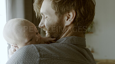 Buy stock photo Happy, hug or father with baby in home for care or bond together to nurture child development. Smile, newborn or single parent dad with infant for support, trust or comfort in family house to relax