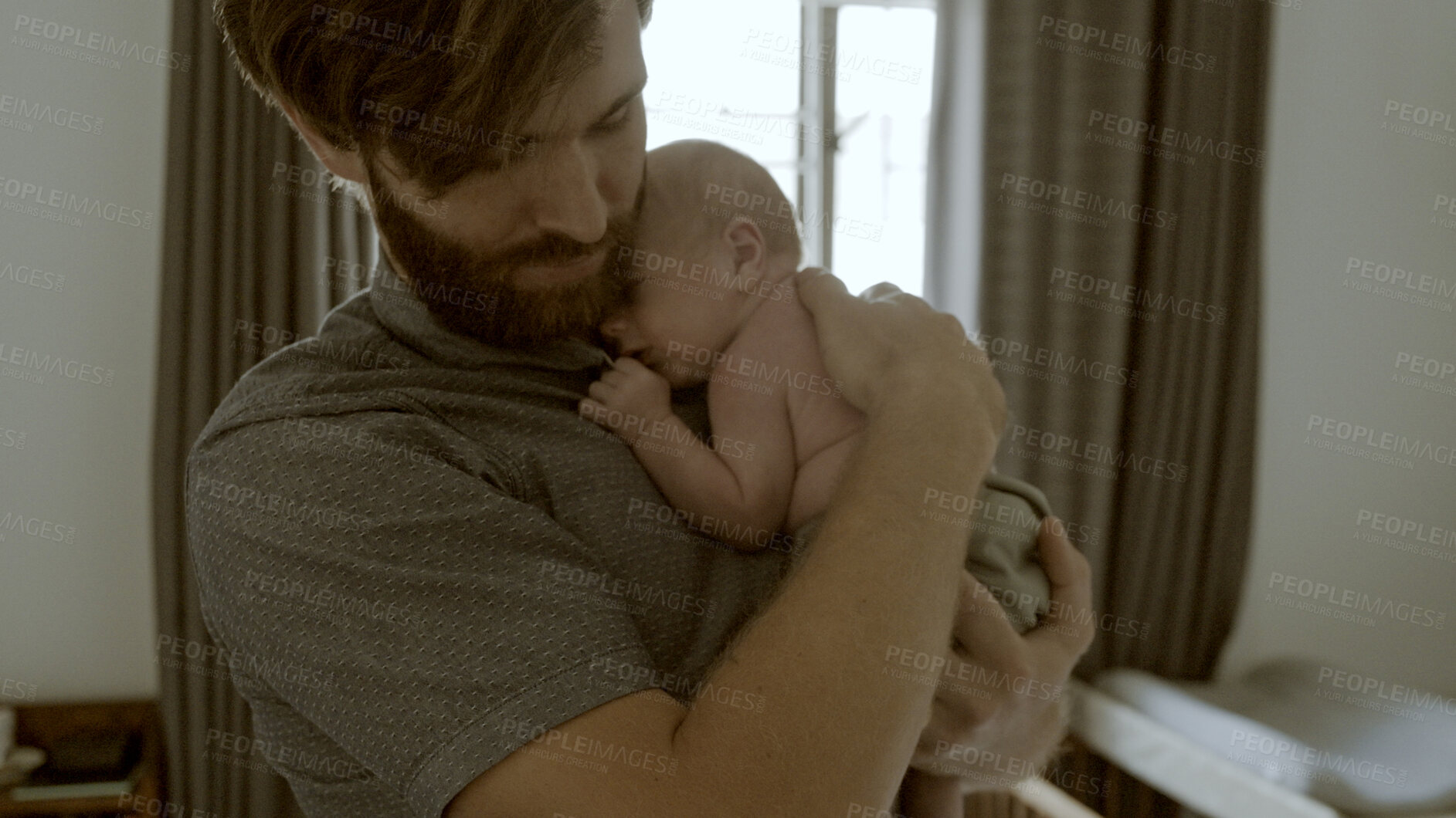 Buy stock photo Love, hug or father with baby in home for care or bonding together to nurture child development. Nap, newborn or single parent dad with infant for support, trust or comfort in family house to relax