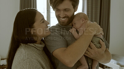 Buy stock photo Love, happy and parents with newborn in nursery for bonding and nap time together at home. Happy, smile and young mother an father holding baby, infant or child to sleep in bedroom of family house.