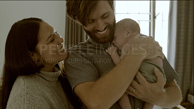 Buy stock photo Home, mom or dad with baby in a happy family to relax or bond together for child development. Love, hug or proud father laughing with an excited mother or newborn infant for support, safety or trust
