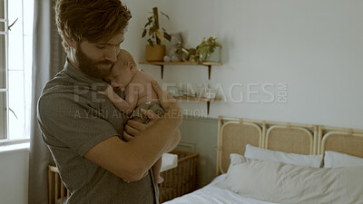 Buy stock photo Happy, newborn and dad with baby as care, love or bonding in a home as affection together. Sleeping, support and father relax in bedroom with kid as family in house for childcare and comfort