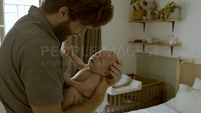Buy stock photo Happy, newborn and father with baby as love, care or bonding in a home as affection together. Sleeping, support and dad relax in bedroom with kid as family in house for childcare and comfort