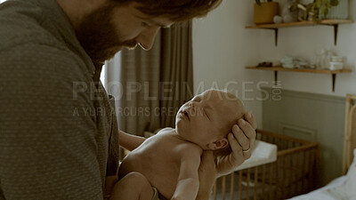 Buy stock photo Family, newborn and father with baby as love, care or bonding in a home as affection together. Sleeping, support and dad relax in bedroom with kid as parent in house for childcare and comfort
