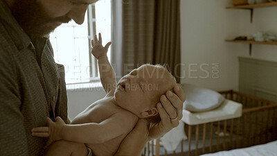Buy stock photo Parent, child and dad with baby as care, love or bonding in a home as affection together with newborn. Sleep, support and father relax in bedroom with kid as family in house for childcare and comfort